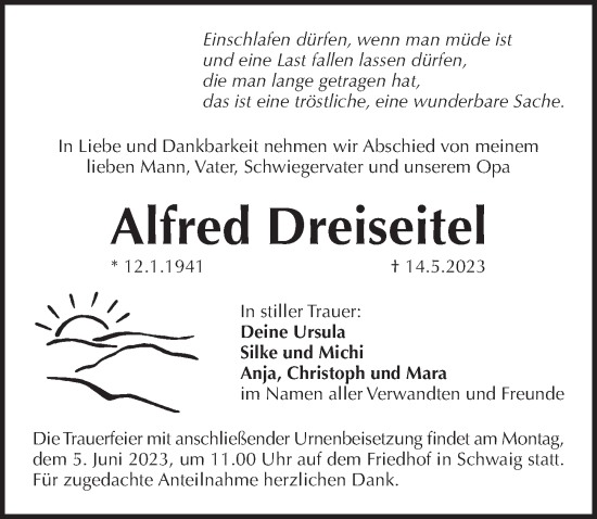 Traueranzeige von Alfred Dreiseitel von Pegnitz-Zeitung