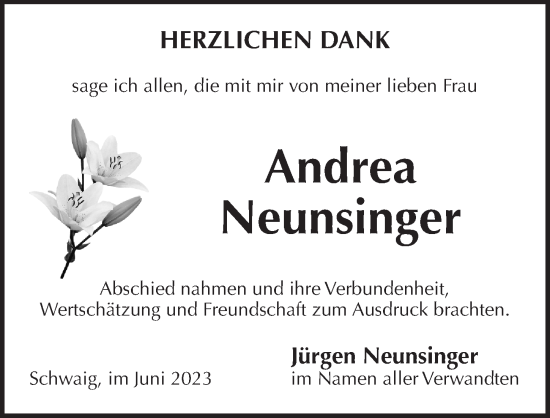Traueranzeige von Andrea Neunsinger von Pegnitz-Zeitung