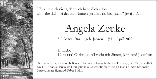Traueranzeige von Angela Zeuke von Hersbrucker Zeitung Lokal