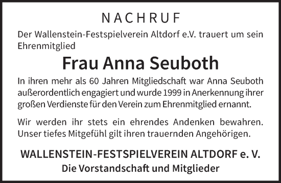 Traueranzeige von Anna Seuboth von Der Bote