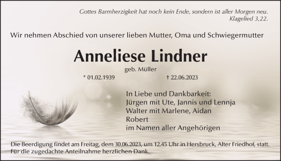 Traueranzeige von Anneliese Lindner von Hersbrucker Zeitung Lokal