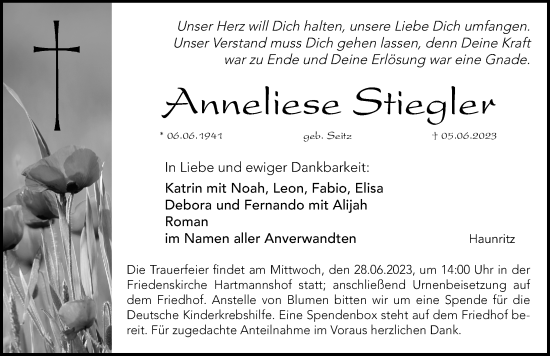 Traueranzeige von Anneliese Stiegler von Hersbrucker Zeitung Lokal