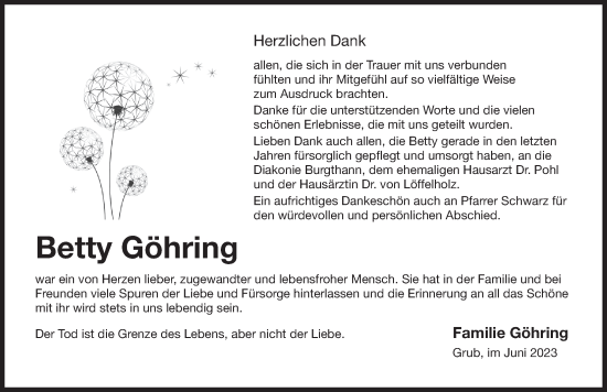 Traueranzeige von Betty Göhring von Der Bote