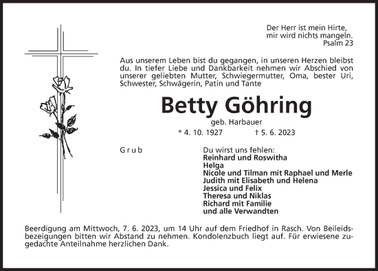 Traueranzeige von Betty Göhring von Der Bote
