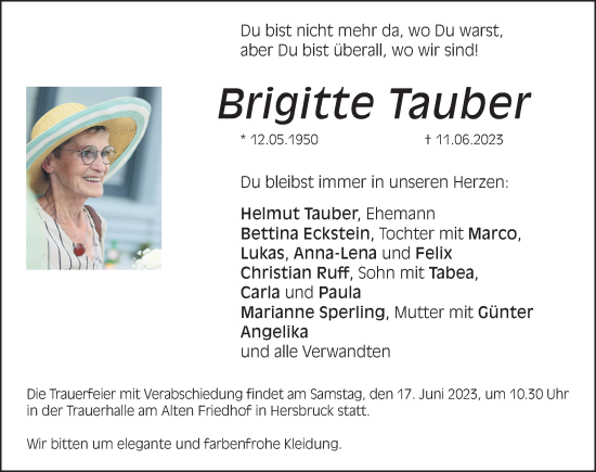 Traueranzeige von Brigitte Tauber von Hersbrucker Zeitung Lokal