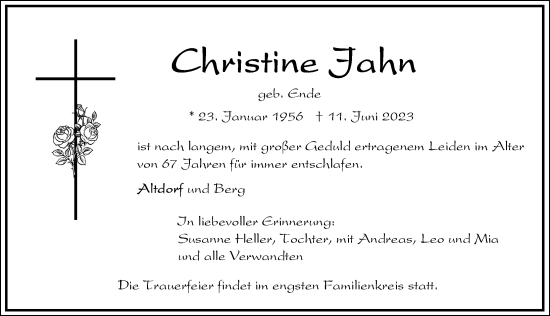 Traueranzeige von Christine Jahn von Der Bote