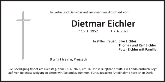 Traueranzeige von Dietmar Eichler von Der Bote