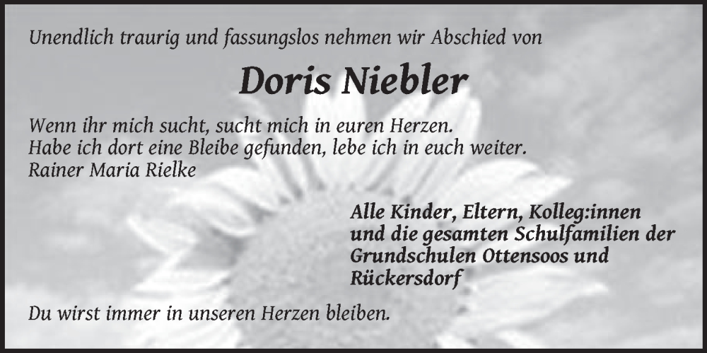  Traueranzeige für Doris Niebler vom 01.06.2023 aus Der Bote