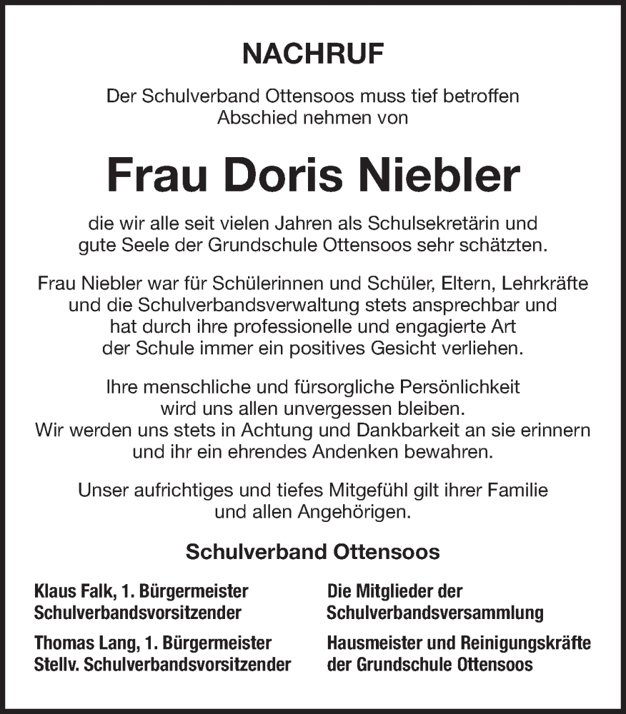  Traueranzeige für Doris Niebler vom 02.06.2023 aus Pegnitz-Zeitung