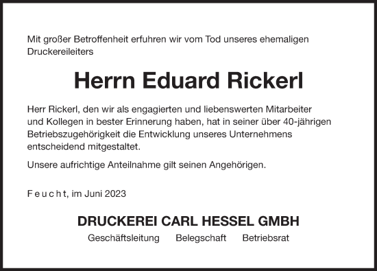 Traueranzeige von Eduard Rickerl von Der Bote