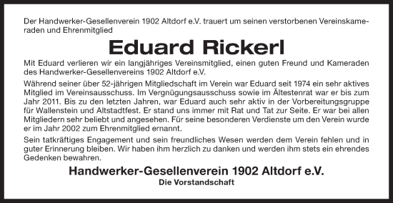 Traueranzeige von Eduard Rickerl von Der Bote