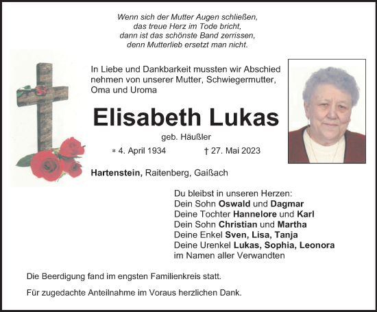 Traueranzeige von Elisabeth Lukas von Hersbrucker Zeitung Lokal