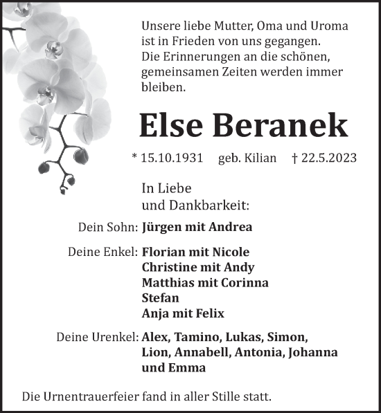 Traueranzeige von Else Beranek von Pegnitz-Zeitung