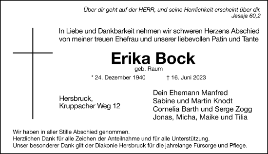 Traueranzeige von Erika Bock von Hersbrucker Zeitung Lokal