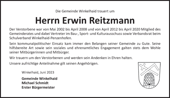 Traueranzeige von Erwin Reitzmann von Der Bote