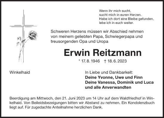 Traueranzeige von Erwin Reitzmann von Der Bote