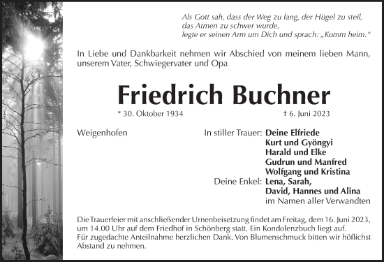 Traueranzeige von Friedrich Buchner von Pegnitz-Zeitung