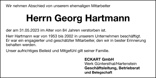 Traueranzeige von Georg Hartmann von Hersbrucker Zeitung Lokal