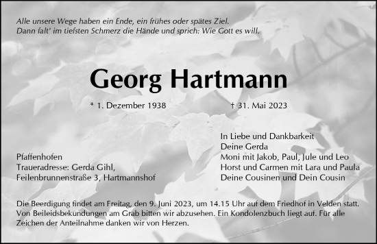 Traueranzeige von Georg Hartmann von Hersbrucker Zeitung Lokal