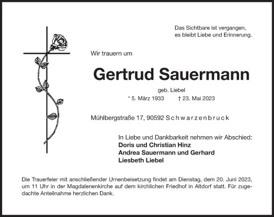 Traueranzeige von Gertrud Sauermann von Der Bote