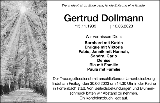 Traueranzeige von Getrud Dollmann von Hersbrucker Zeitung Lokal