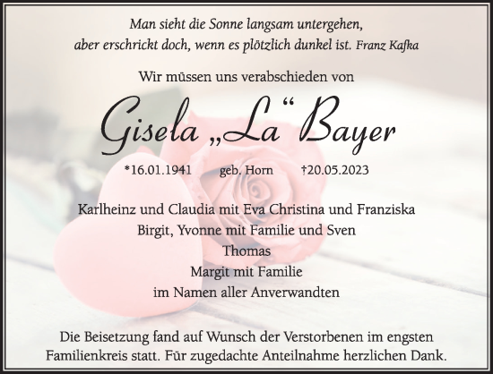 Traueranzeige von Gisela Bayer von Hersbrucker Zeitung Lokal