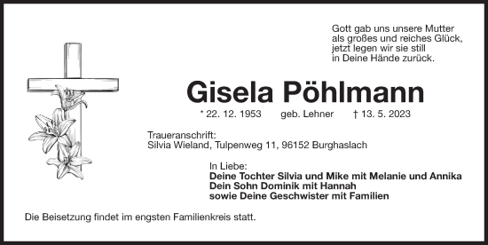 Traueranzeige von Gisela Pöhlmann von Der Bote