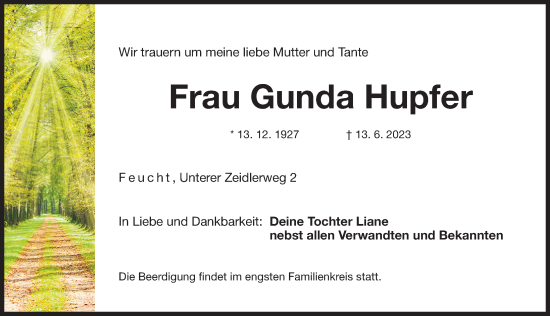 Traueranzeige von Gunda Hupfer von Der Bote