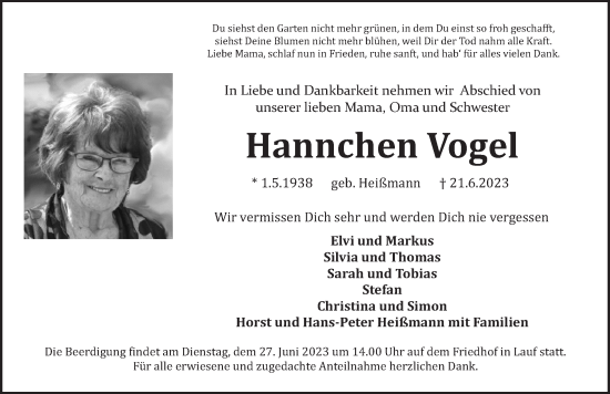 Traueranzeige von Hannchen Vogel von Pegnitz-Zeitung