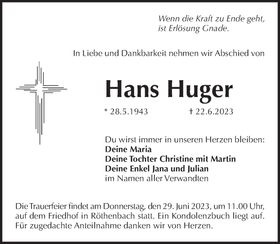 Traueranzeige von Hans Huger von Pegnitz-Zeitung