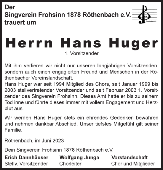 Traueranzeige von Hans Huger von Pegnitz-Zeitung