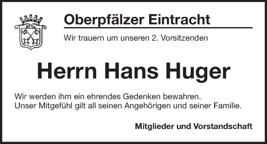 Traueranzeige von Hans Huger von Pegnitz-Zeitung