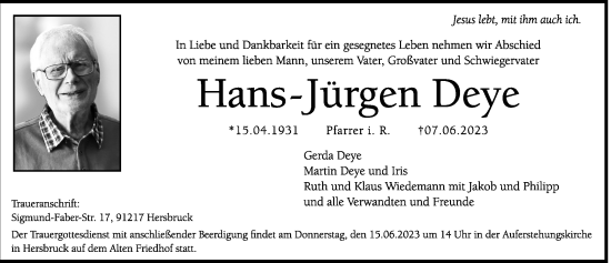 Traueranzeige von Hans-Jürgen Deye von Hersbrucker Zeitung Lokal
