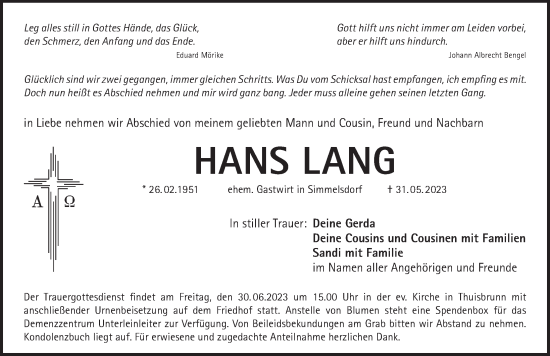 Traueranzeige von Hans Lang von Pegnitz-Zeitung