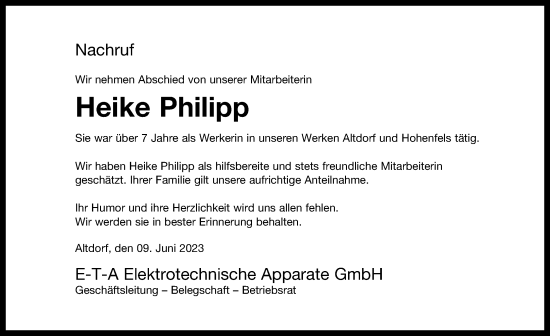 Traueranzeige von Heike Philipp von Der Bote