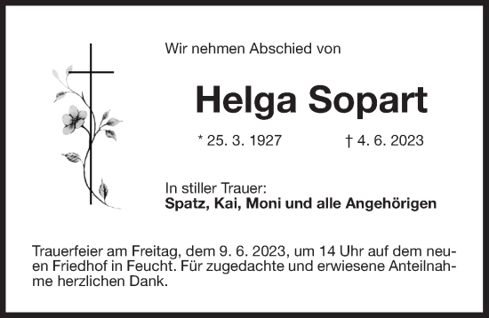 Traueranzeige von Helga Sopart von Der Bote