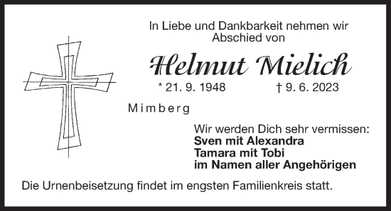 Traueranzeige von Helmut Mielich von Der Bote