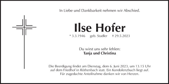 Traueranzeige von Ilse Hofer von Pegnitz-Zeitung