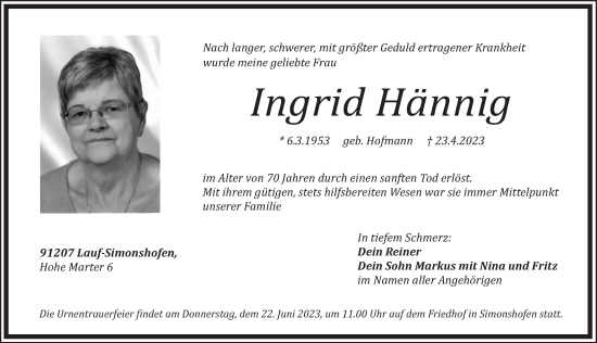 Traueranzeige von Ingrid Hännig von Pegnitz-Zeitung