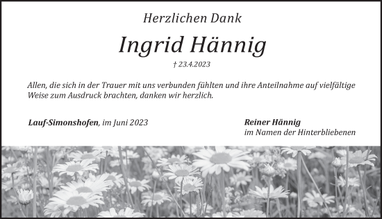 Traueranzeige von Ingrid Hännig von Pegnitz-Zeitung