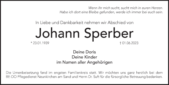 Traueranzeige von Johann Sperber von Pegnitz-Zeitung