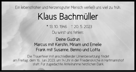 Traueranzeige von Klaus Bachmüller von Hersbrucker Zeitung Lokal