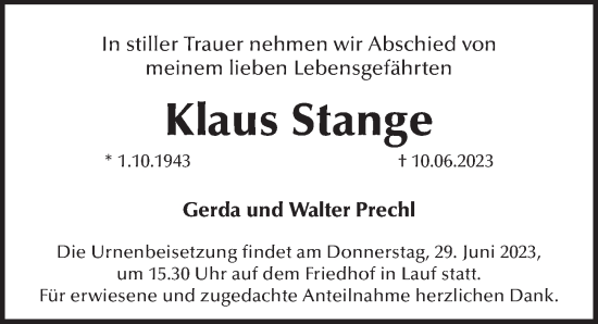 Traueranzeige von Klaus Stange von Pegnitz-Zeitung