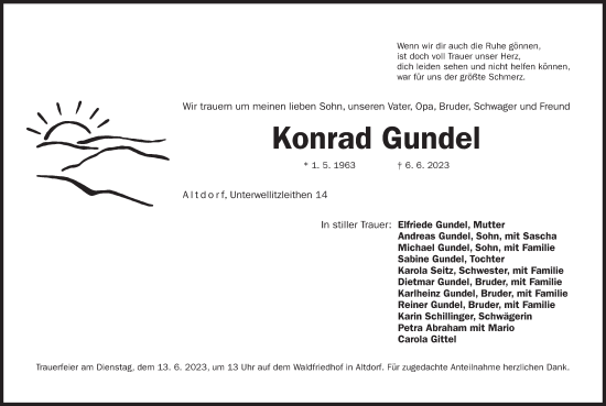 Traueranzeige von Konrad Gundel von Der Bote