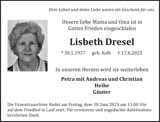 Traueranzeige von Lisbeth Dresel von Pegnitz-Zeitung