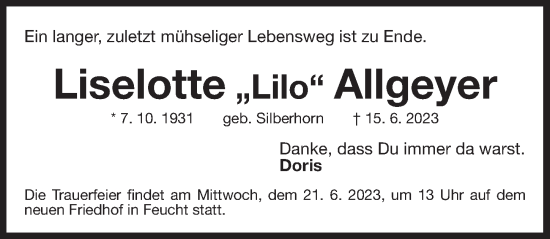 Traueranzeige von Liselotte Allgeyer von Der Bote