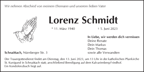 Traueranzeige von Lorenz Schmidt von Pegnitz-Zeitung