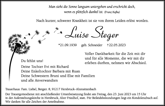 Traueranzeige von Luise Steger von Hersbrucker Zeitung Lokal