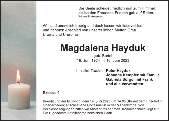 Traueranzeige von Magdalena Hayduk von Der Bote