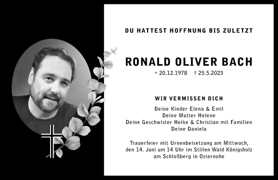 Traueranzeige von Roland Oliver Bach von Pegnitz-Zeitung